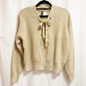 H&M Divided Cream/Tan Knit Tie Up Sweater Small